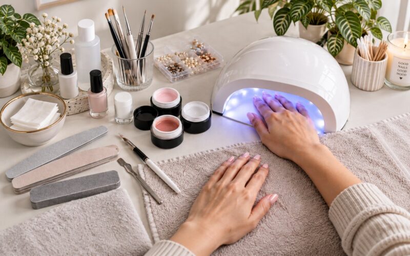 Gelnägel selber machen – Hände mit Gel, UV-LED-Lampe, Feilen und Maniküre-Zubehör zuhause