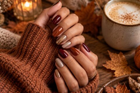 Herbstliche Maniküre mit warmen braunen und roten Nagelfarben neben einer Tasse Kaffee
