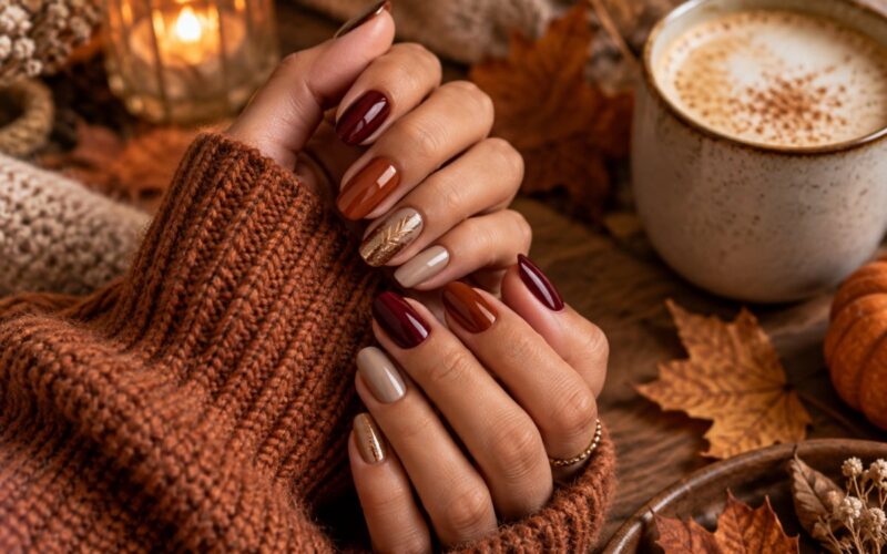 Herbstliche Maniküre mit warmen braunen und roten Nagelfarben neben einer Tasse Kaffee