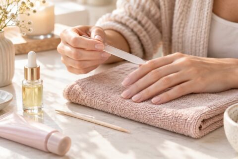 Maniküre selber machen mit Glasfeile, Nagelöl und gepflegten natürlichen Fingernägeln