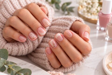 Nageldesign für kurze Nägel mit Nude-Tönen, feinen Linien und dezenten goldenen Akzenten