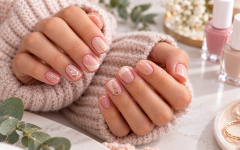 Nageldesign für kurze Nägel mit Nude-Tönen, feinen Linien und dezenten goldenen Akzenten