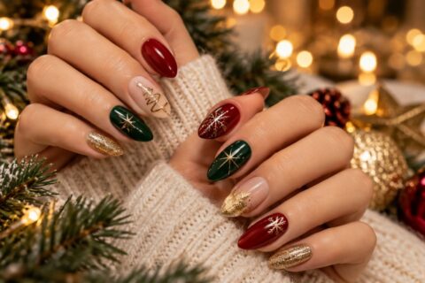 Weihnachtsnägel in Rot, Tannengrün und Gold mit Sternen, Glitzer und festlichen Nail-Art-