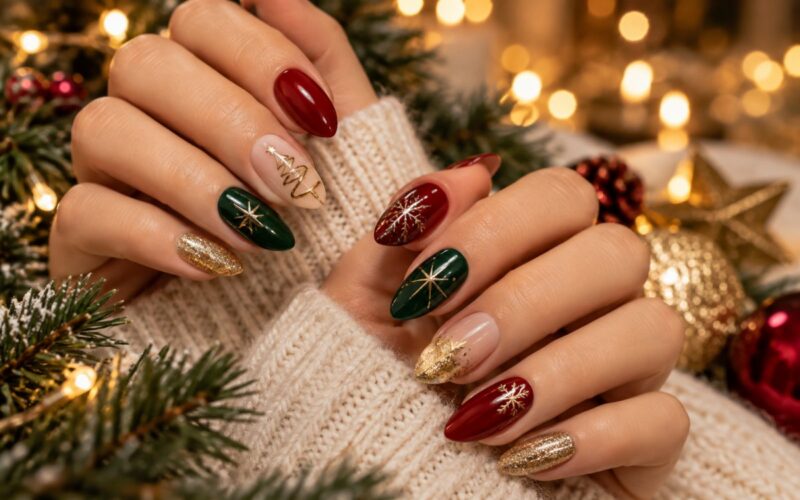 Weihnachtsnägel in Rot, Tannengrün und Gold mit Sternen, Glitzer und festlichen Nail-Art-
