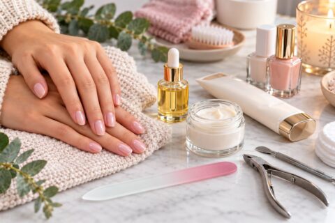 Nagelpflege-Routine mit Nagelöl, Handcreme, Glasfeile und gepflegten natürlichen Fingernägeln